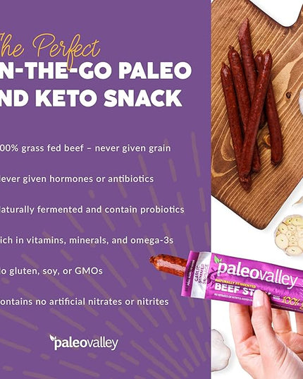 Paleovalley 100% Grass Fed Garlic Summer Sausage Beef Sticks - Delicious Gluten Free Beef Snack - High Protein Keto Friendly