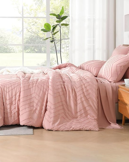 Litanika Blush Pink Full Size Comforter Set with Sheets - 7 Pieces Bed in a Bag Full Boho Tufted Complete Bedding Sets with Comforter, Sheets, Pillowcases & Shams