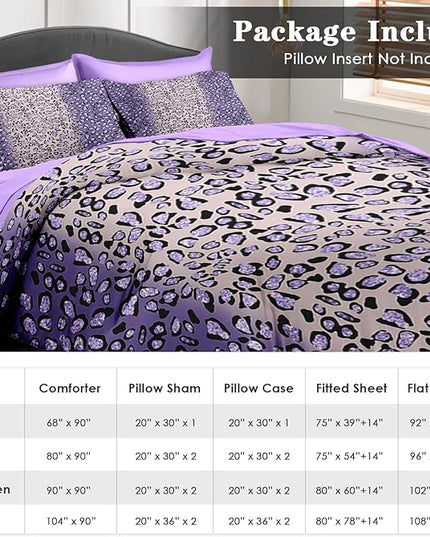 Comforter Set Full Size, Leopard Colorful Plain Purple 7 Pcs Bedding for Kids and Adults, Gold Geometric Tiger Bed Sheet Sets with Fitted Sheet 2 Pillowcases & 2 Shams for Bedroom Bed Decor