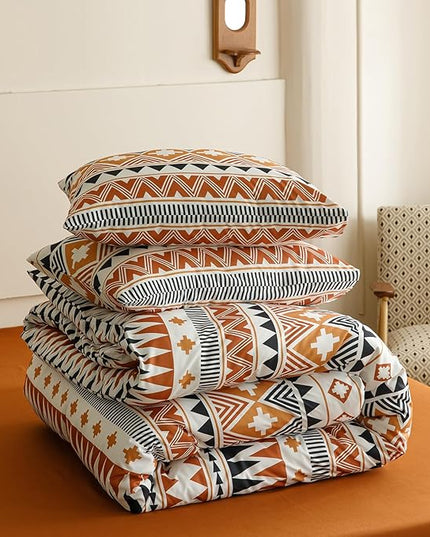 Houseri Boho Orange Comforter Set King Rust Aztec Striped Bedding Sets King Size Women Men Yellow Geometric Bohemian Christmas Warm Soft Cozy Comfy Bed Quilts Blankets Queen