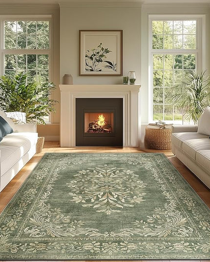 jinchan Green Floral 8x10 Area Rugs for Living Room - Machine Washable Vintage Distressed Design Soft Throw Rug Non-Slip Large Christmas Carpet for Bedroom Nursery Home Office (8x10ft, Dark Green)