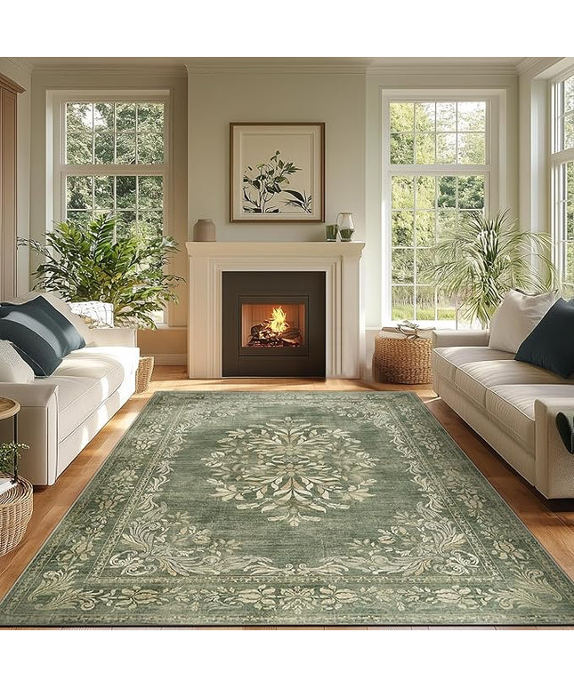 jinchan Green Floral 8x10 Area Rugs for Living Room - Machine Washable Vintage Distressed Design Soft Throw Rug Non-Slip Large Christmas Carpet for Bedroom Nursery Home Office (8x10ft, Dark Green)