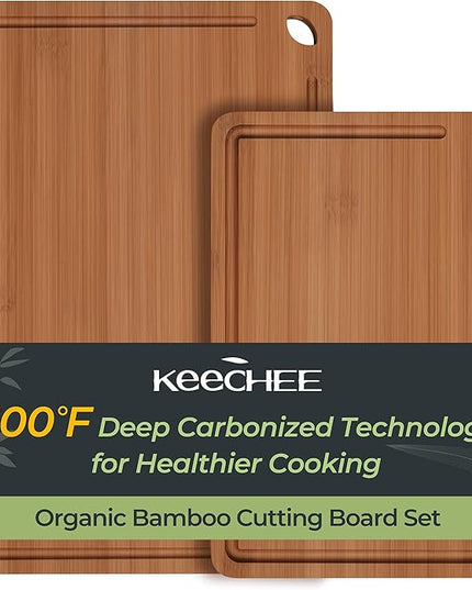Butcher Block 2-Pcs Carbonized Bamboo Cutting Board Set With Juice Groove For Meal Prep & Cheese Serving - Ideal Kitchen Gift Set of 2 (M+L)