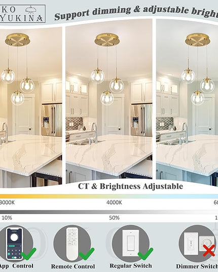 KoKo&Yukina 3-Light Globe Glass Pendant Light Modern Gold Clear Globe Glass Chandelier Adjustable Length Pendant Lights Fixtures High Ceiling Light for Kitchen Island Foyer (Bulb & Remote Incl.)
