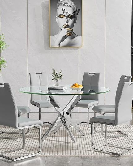 HomVent Round Glass Dining Table Set for 6, 7-Piece Modern Kitchen Table Set with 6 PU Upholstered Chair for Kitchen Dining Room, Glass Dining Room Table Set
