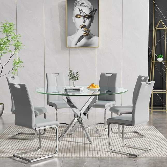 HomVent Round Glass Dining Table Set for 6, 7-Piece Modern Kitchen Table Set with 6 PU Upholstered Chair for Kitchen Dining Room, Glass Dining Room Table Set
