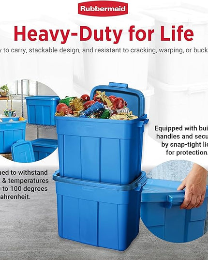Rubbermaid Roughneck Tote 18 Gal, 6 Pack, Made in USA, Heritage Blue, Rugged Plastic Stackable Storage Bins with Lids and Handles