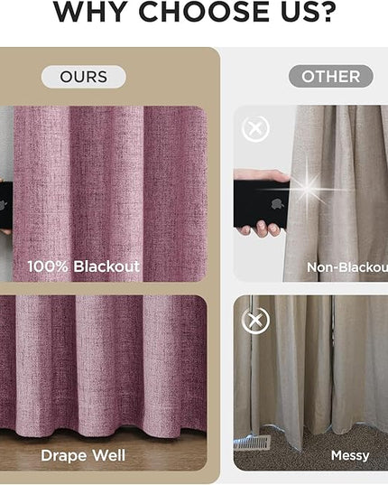 Joydeco Pinch Pleated Curtains - 100% Blackout for Bedroom, Pink Linen Curtains 40" W x 108" L, Thermal Insulated 2 Panels Light Blocking Drapes, Back Tabs for Living Room