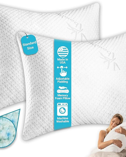 Xtreme Comforts Bed Pillows for Sleeping (2 Pack) | Adjustable Shredded Memory Foam Pillows with Removable Cooling Cover | Fluffy Pillows Support for Side, Back & Stomach Sleepers - Standard Size