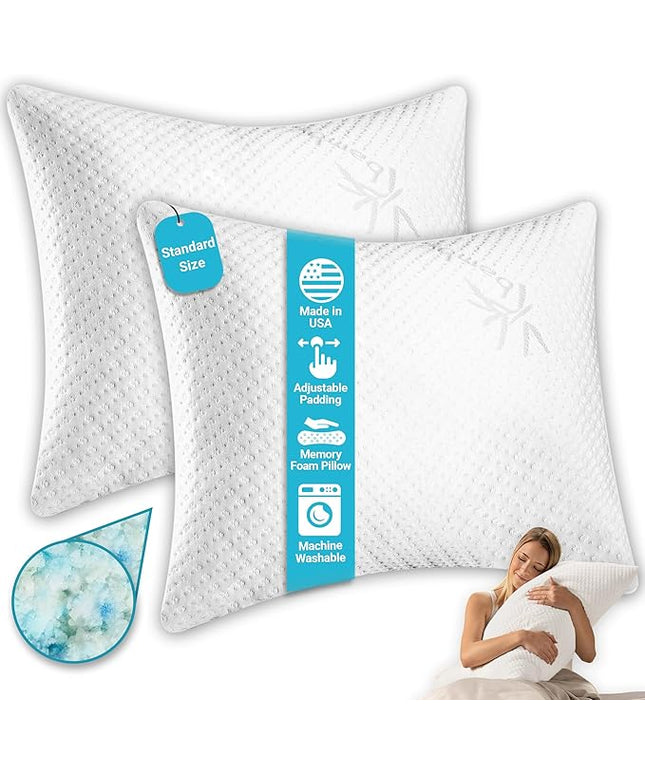 Xtreme Comforts Bed Pillows for Sleeping (2 Pack) | Adjustable Shredded Memory Foam Pillows with Removable Cooling Cover | Fluffy Pillows Support for Side, Back & Stomach Sleepers - Standard Size
