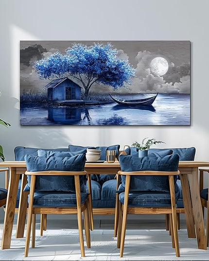 XIGUANGART Tree of Life Large Wall Art for Living Room Blue Boat and House Picture Paintings Abstract Art Prints Modern Nature Scenery Artwork Wall Decor for Bedroom Bathroom Office Home Decoration
