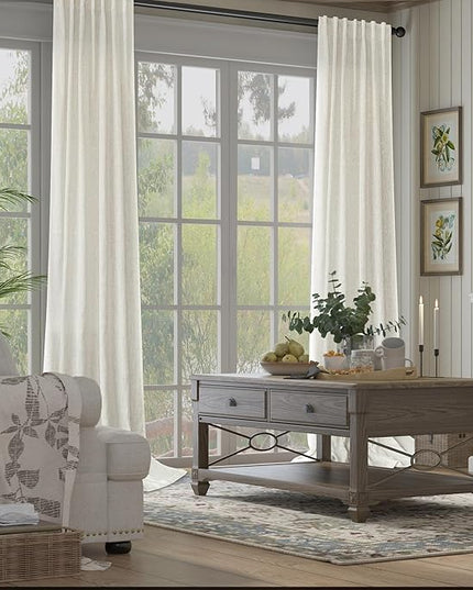 Natural Linen Back Tab Curtains 84 Inch Length for Living Room 2 Panel Pocket Drape Light Filtering Semi Sheer Neutral Country Rustic Farmhouse Boho Curtain Bedroom Muslin Look Ivory Cream Colored