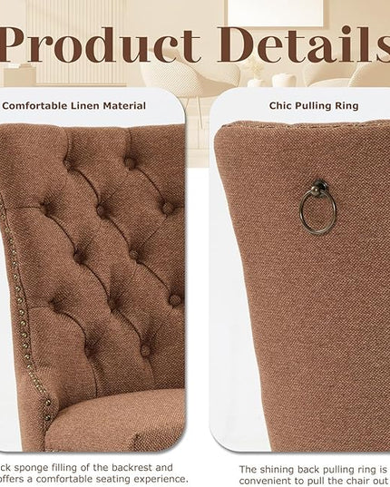 SoarFlash Linen Fabric Dining Chair Set of 6, Upholstered Tufted Dining Room Chair with Nailhead Trim and Solid Light Color Wood Leg for Kitchen (Coffee)