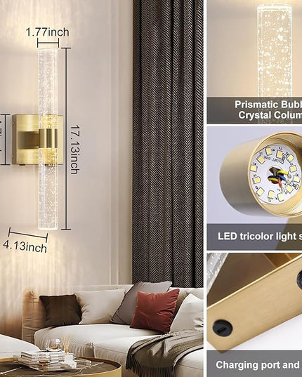 Battery Operated Crystal Wall Sconce 2-Pack Rechargeable Modern Vanity Light Fixtures, 3000K-6000K Dimmable Gold LED Wireless Wall Lights for Bathroom Bedroom Living Room Hallway