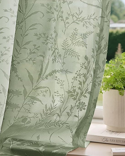 Anmao Sage Green Semi Sheer Light Filtering Curtains 84 Inches Long 2 Panels, Leaf Pattern Drapes for Living Room Bedroom, Rod Pocket Sheer Window Treatments with Floral Design, 52x84 Inch