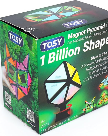 TOSY Magnet Pyramid Glow - 1 Cube Transforms into 1 Billion Shapes, 15 pcs (12 Puzzle pcs & 3 Accessories), 243 Magnets, Glowing, Christmas Stocking Stuffers Gift for Kids, Creative Puzzle STEM Toy