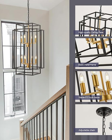 8-Light Lantern Tiered Pendant Light Fixtures, Black Metal Farmhouse Chandelier Hall Foyer Hanging Chandelier for Kitchen Island Dining Room Living Room Foyer Entryway, Black+Gold