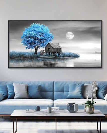 JEAWA Large Framed Canvas Wall Art - Blue Gray Picture for Living Room Home Office, Winter Landscape Canvas Paintings, Moon Pictures Wall Decor, Tree Artwork Print, 29x58 IN