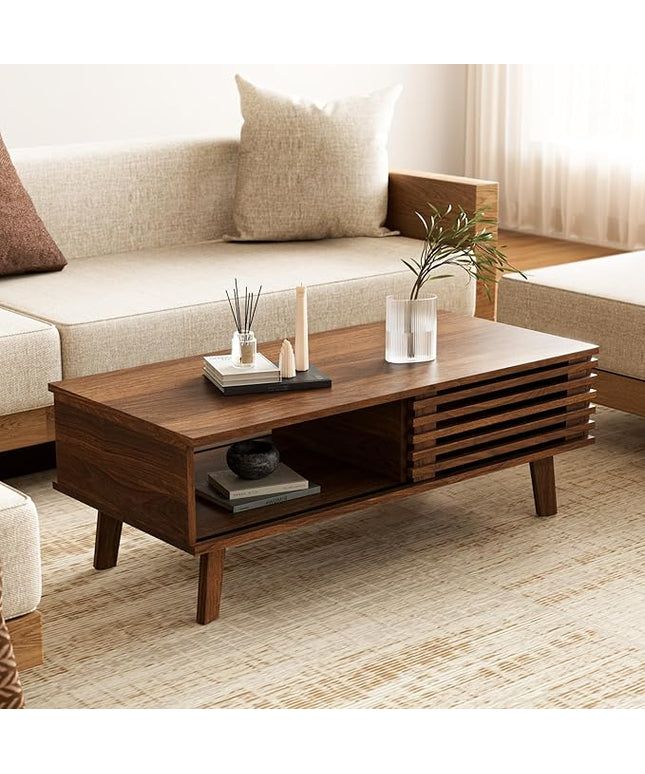 Mid Century Modern Coffee Table, Wood Coffee Table with Storage, Farmhouse Table for Living Room, Apartment, Walnut