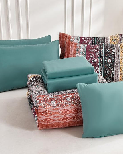 Cottolester Boho Queen Comforter Set 8 Pieces,Orange and Green Bohemian Striped Bed in a Bag,Paisley Soft Microfiber Bedding Comforter Set
