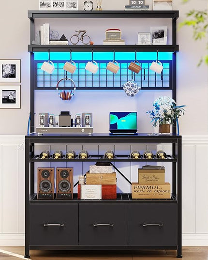Itaar Bakers Rack with Power Outlet and Storage, 35.4 inch Coffee Bar Cabinet, Microwave Stand Kitchen Cabinet with Hutch, LED Lights, Wine Rack and Hooks, Black