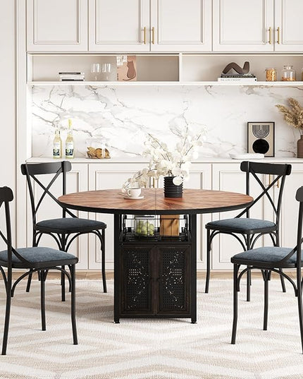 47" Round Dining Table Set for 4-6 People, Large Farmhouse Kitchen Dining Table Set with Chairs and Storage Rack, Metal Base Round Table for Home Dining Room Living Room (Cat table and 4 black chairs)