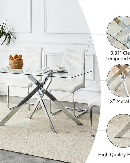 51" Rectangular Glass Dining Table Modern Kitchen Glass Top Table for 4 with Silver Metal Legs, Clear Dining Table Kitchen Table for Home Office Dining Room