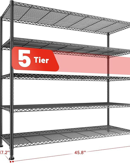 REIBII 45.8''W Storage Shelves 5 Tier Wire Shelving Metal Shelves for Storage 1000LBS Adjustable Heavy Duty Metal Shelving Unit Storage for Pantry Kitchen Garage 45.8" W x 71" H x 17.2" D 4PCS
