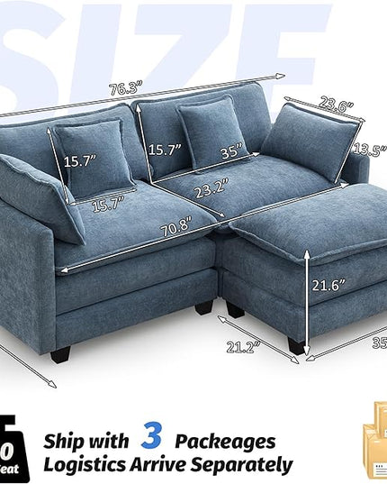 76'' Cloud Deep Seat Loveseat Sofa, Upholstered Chenille Modular 3-Seats Sectional Sofa Couch with Movable Ottoman, Modern Comfy Settee Loveseat for Living Room Set, Small Apartment, Blue