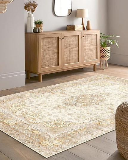 Boho Rug 4'x6.5',Washable Area Rugs for Bedroom Living Room Kitchen Entryway Bedside,Small Vintage Bohemian Distressed Non Slip Carpet,Beige Gold Floral