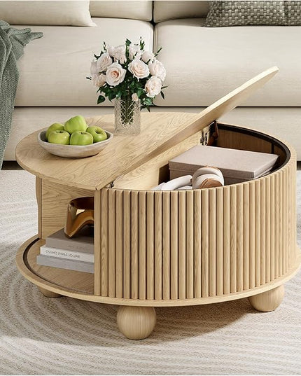 Round Coffee Table with Storage, 31.5" Circle Coffee Table with Sliding Door & Bun Feet, Fluted Center Table for Living Room, Home Small Space, Oak