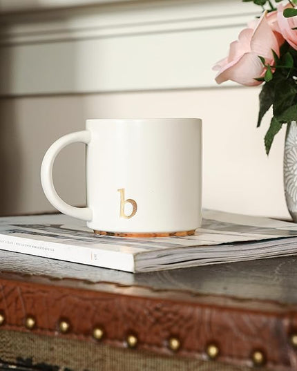 COLLECTIVE HOME - Monogram Ceramic Mugs, 15 oz Golden Initial Coffee Cups, Elegant Alphabet Tea Mugs, Elegant Personalized Mug with Gift Box, Luxurious Cups for Office and Home (b)