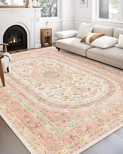 8x10 Area Rugs Washable,Pink Rug for Living Room Bedroom Dining Room,Large Boho Vintage Bohemian Distressed Farmhouse Carpet Non Slip,Blush Floral