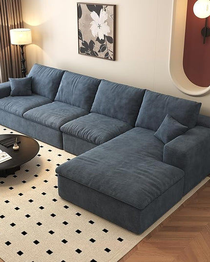136.6'' L-Shaped Modern Modular Sectional Cloud Couch, 4-Seat Chenille Deep-Seat Sofa with Pillow for Living Room, Bedroom, Apartment, Ocean Blue