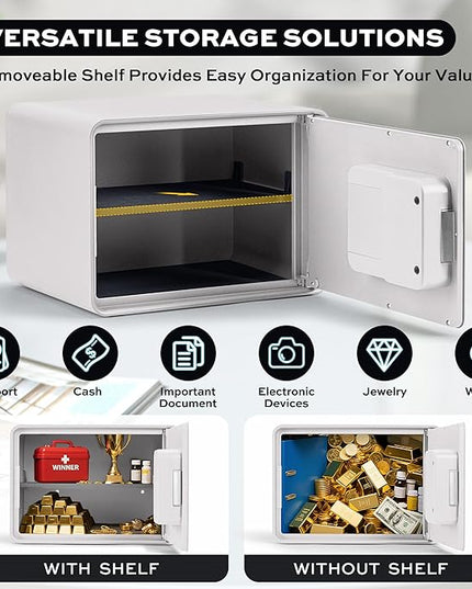 Biometric Safe for Home, 0.6 Cube Feet Auto-Open Fingerprint Safe with Touch Screen, Alarm System & Removable Shelf, Small Money Box for Cash, Jewelry, Documents, Home Office Use,White