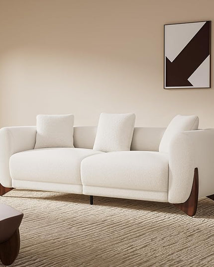 Morden Fort Modern Cloud Couch - 3 Seater Sherpa Boucle Sofa with Wood Legs, Ultra-Thick High Resilience Cushion with 3 Matching Pillows Upholstered Comfy Couch Sofa for Living Room - Off White