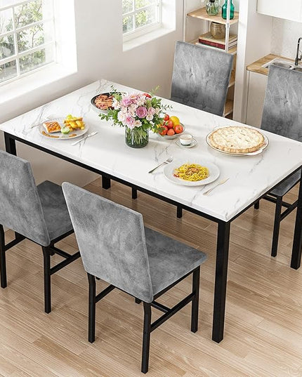 Hooseng Dining Room Table Set 5 Piece Dining Table Set Marble Dining Table 4 Chair Dining Table Set for Kitchen Living Room Breakfast Small Spaces (White & Grey)
