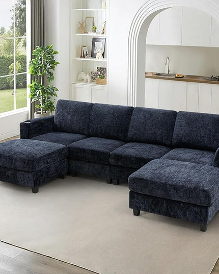 110" Chenille Sectional Sofa with Movable Ottomans, Modular U-Shape Couch with Cup Holders, Convertible 4 Seater Sofa with Well-Filled Backrest Cushions for Living Room, House, Blue