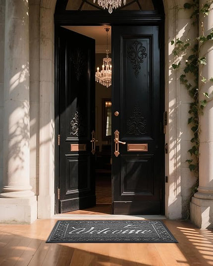 Yimobra Welcome Mat, Heavy Duty Sturdy Door Mats for Home Entrance Outdoor Indoor, Front Doormat for Outside Patio Floor Entry Porch Garage Office, Waterproof, Low Profile, 47 x 24, Black Grey