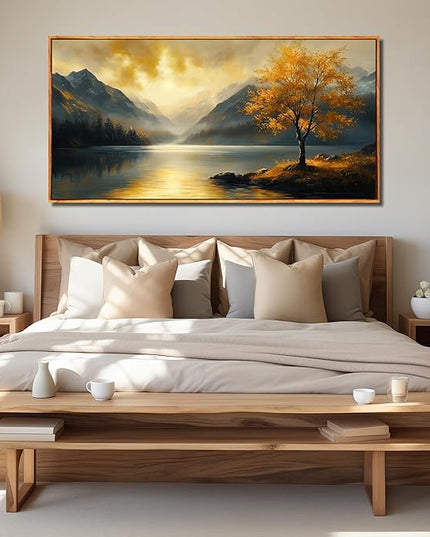 Scenery Picture Wall Art Landscape Canvas Art for Living Room Office Bedroom Yellow Lake Wall Decor Large Sunshine Forest Artwork 29" x 59"