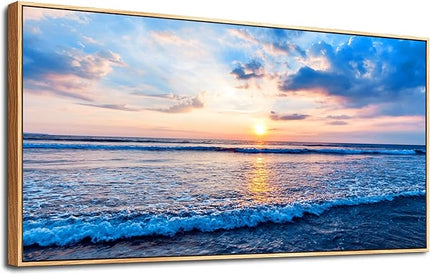 Wapluam Large Canvas Wall Art For Living Room Wall Decor For Office Blue Beach Painting Ocean Sea Waves Wood Framed Wall Pictures Ready To Hang Bedroom Home Decorations Prints Posters Mural Artwork