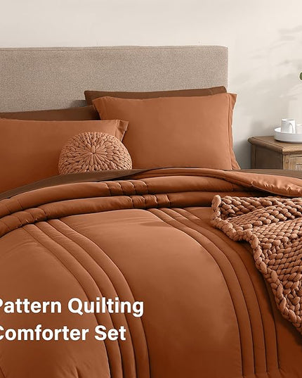 Monbix Full Comforter Set - 7 Pieces Burnt Orange Bed in a Bag Full Size Bedding Sets with Comforters, All Seasons Down Alternative Comforter with Sheets,Pillowcases & Shams