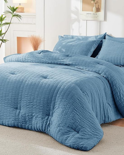 HYMOKEGE Mineral Blue Twin XL Comforter Set Seersucker 5 Pieces, All Season Luxury Bed in a Bag for Bedroom, Bedding Set with Comforter, Sheets, Pillowcase & Sham