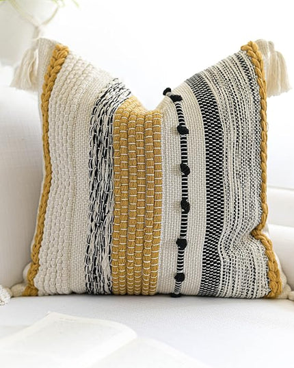 BlissBlush Boho Decorative Throw Pillow Cover 22x22 Square Yellow Mustard Accent Pillowcase Tassels Farmhouse Cushion for Couch Sofa Bedroom Living Room Home Décor Cover ONLY (Pack of 1)