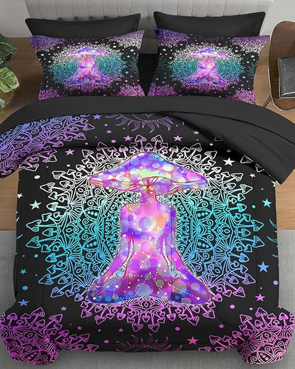 Comforter Set Twin Size, Mushroom Lotus 5 Pcs Bedding for Kids and Adults, Hippie Colorful Mandala Bed Sheet Sets with Fitted Sheet Pillowcase & Sham for Bedroom Bed Decor
