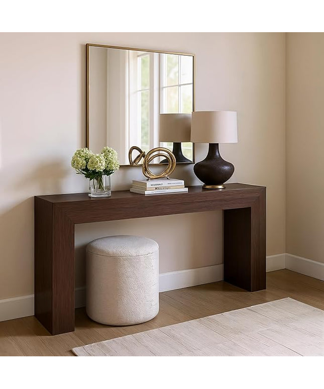 Plank+Beam Grand Console Table, 66 Inch Modern Solid Wood Sofa Table, Narrow Entryway Table for Hallway, Behind The Couch, Living Room, Foyer, Walnut Wirebrush