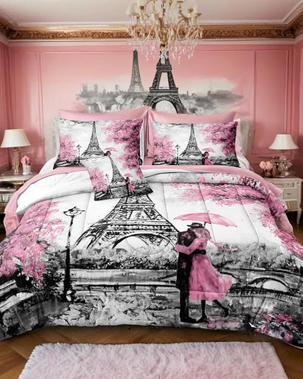 Bedbay 8 Pieces Pink Paris Comforter Set King Size Bed in a Bag Eiffel Tower Romantic Couple Pattern King Bed Set Paris Themed Bedroom Decor Pink and Grey Comforter Set (Couple,King)