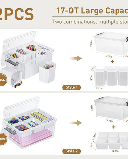 Citylife 17 QT Plastic Storage Box with Removable Tray and 6 Detachable Tall Inserts Craft Organizers and Storage Clear Storage Container for Organizing Crayon, Craft, Sewing, Playdoh, 2 Packs