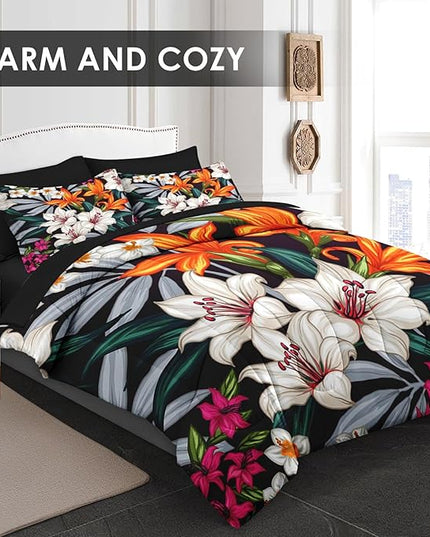 Comforter Set Twin Size, Lilies Orange Pink Flowers 5 Pcs Bedding for Kids and Adults, Floral Blossom Hawaiian Bed Sheet Sets with Fitted Sheet Pillowcase & Sham for Bedroom Bed Decor