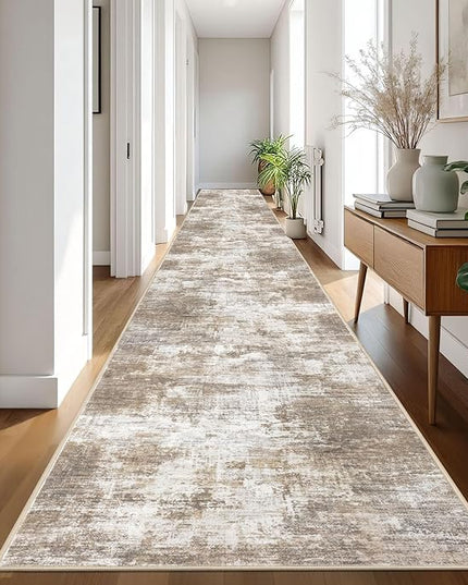 IOHOUZE Abstract Runner Rug 3x20 Ft Extra Long Washable Runners for Hallways, Non Slip Kitchen Runner Printed Faux Wool Entryway Runner Indoor, Modern Abstract Floor Carpet for Hall Stair, Beige Brown